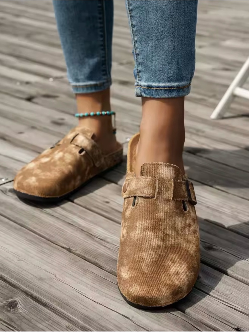 Cozy Tie Dye Cork Footbed Clogs Buckle Slippers Brown | Birken Style